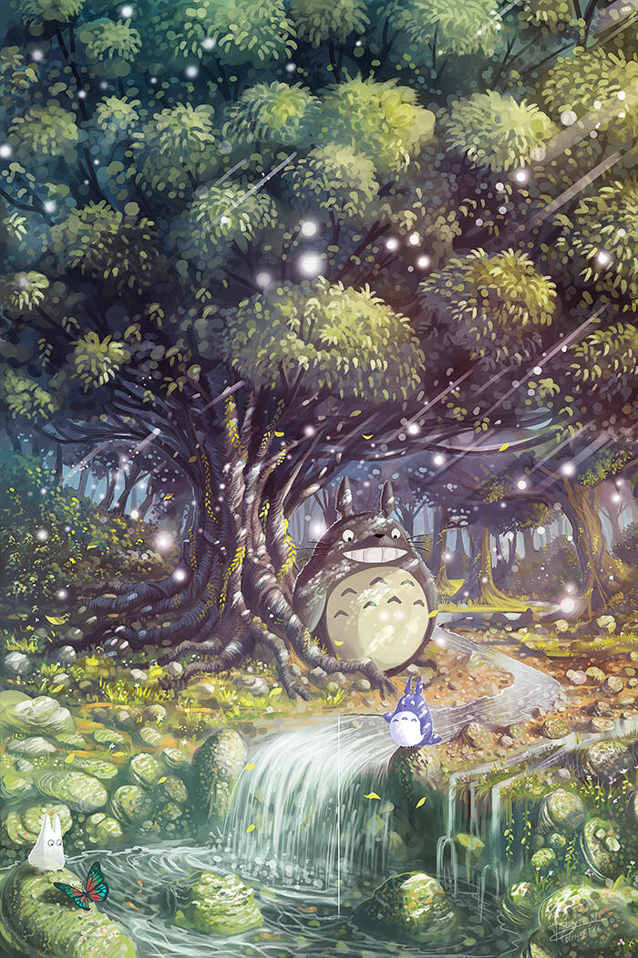 Ghibli Inspired poster. Totoro in the magical forest. The perfect gift for anime and Totoro enthusiast.