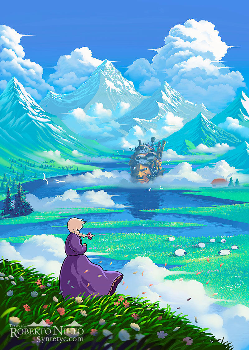 Howl's Moving Castle inspired Poster. Vibrant and colorful ghibli inspired poster.