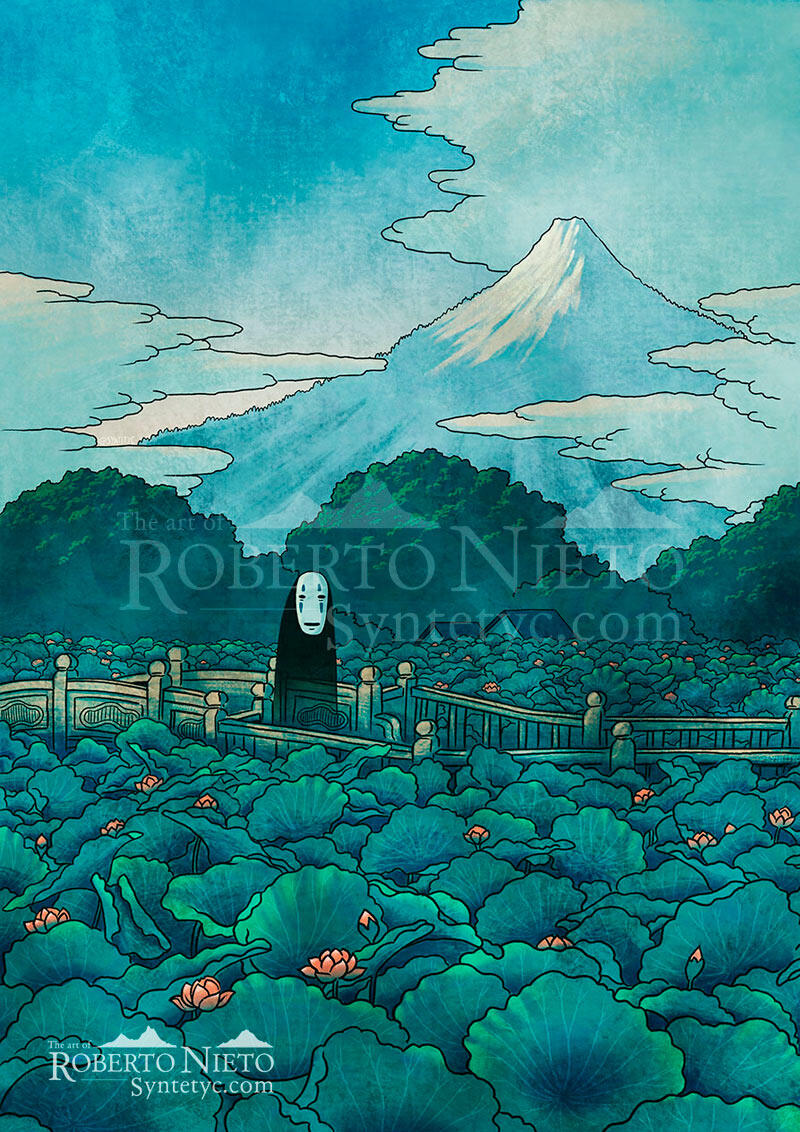 Ghibli inspired poster, with a ukiyo-e style, and Kaonashi or no-face character. A beautiful traditional style poster.