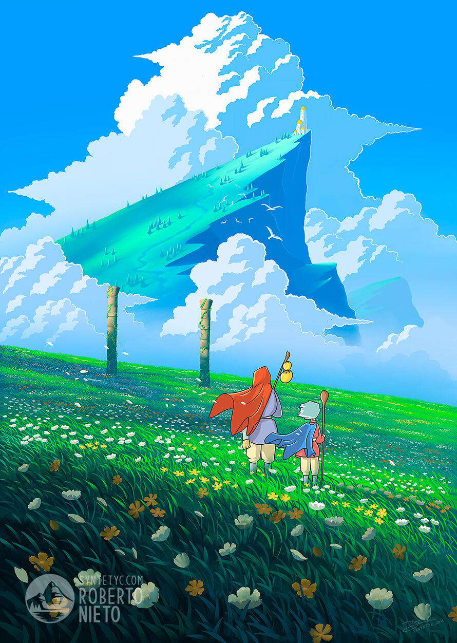 Anime inspired metal poster, colorful and vibrant colors. Ghibli style landscape poster design.